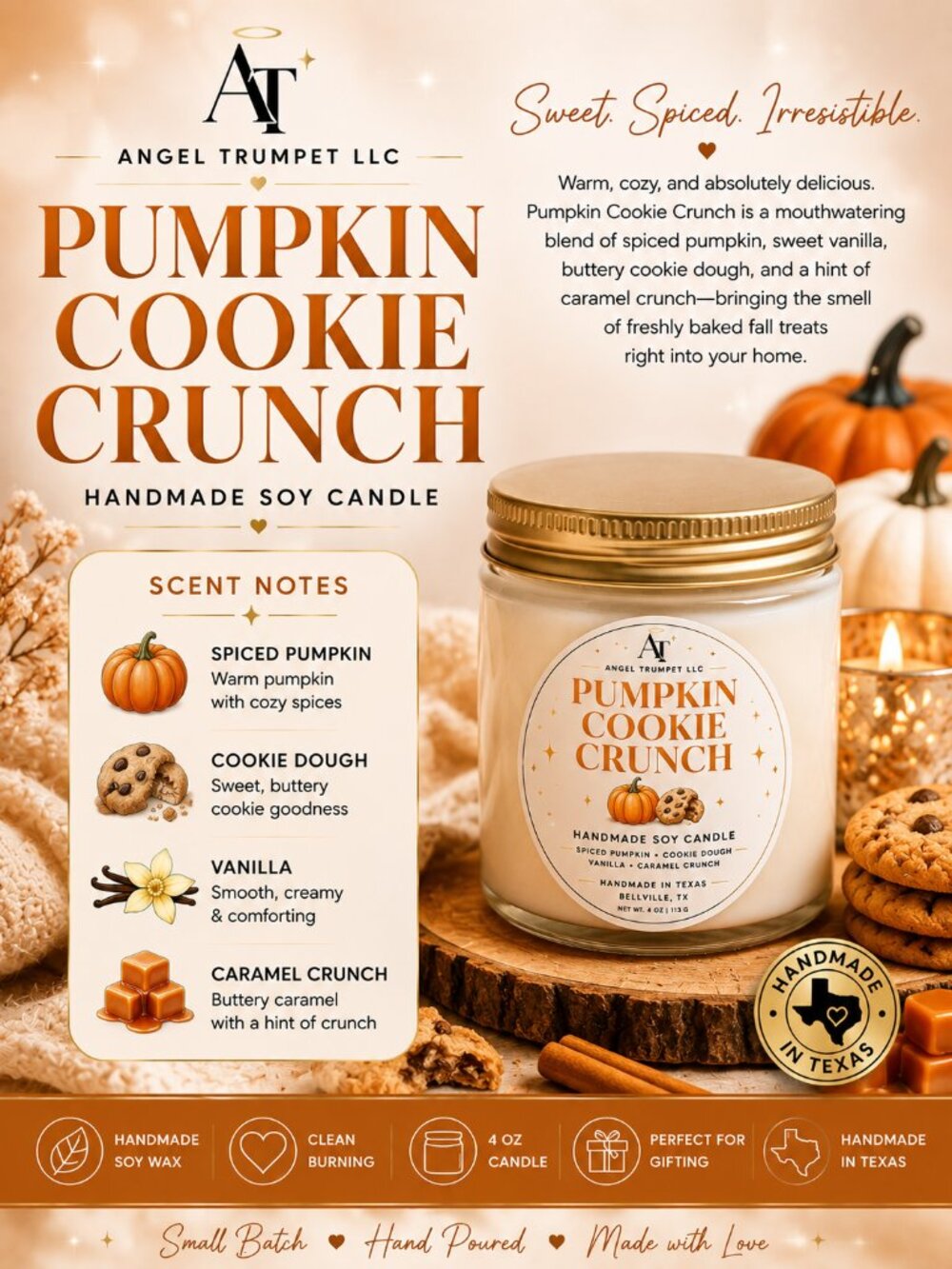 PUMPKIN COOKIE CRUNCH Handmade Soy Candle | 4 oz Fall Candle | Angel Trumpet LLC